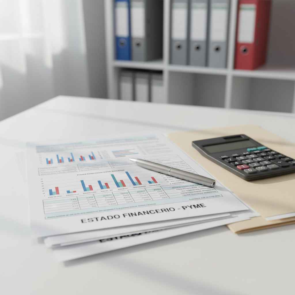 A close-up of a stack of meticulously organized financial reports and tax documents on a minimalist white desk, each page with crisp black print, colored bar charts, and neatly aligned tables. A metallic pen rests diagonally across the top report, beside a matte graphite-gray calculator and a labeled folder reading “Estado Financiero – Pyme”. The background shows a blurred row of labeled binders on a clean shelving unit. Bright, diffused daylight from an unseen window bathes the scene, creating soft reflections and subtle shadows. Photographic realism with a clean, high-contrast composition shot from a slightly elevated angle, conveying order, transparency, and strong control over business accounting.