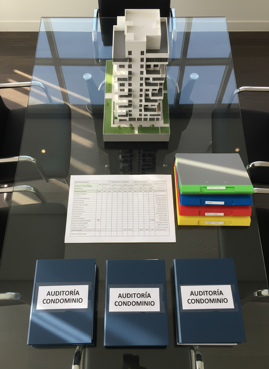 An overhead photographic view of a large glass conference table prepared for a condominium audit meeting, with no people present. On the table are neatly arranged folders labeled “Auditoría Condominio”, stacked binders with color-coded tabs, and an open spreadsheet printout showing maintenance expenses and reserve funds. A small architectural model of a modern condominium building in white and gray sits prominently at one end. Natural afternoon light floods through tall windows, reflecting on the glass surface and creating crisp, dynamic highlights. The composition is clean and symmetrical with sharp focus throughout, projecting a bold, professional, and trustworthy atmosphere around condominium financial control.