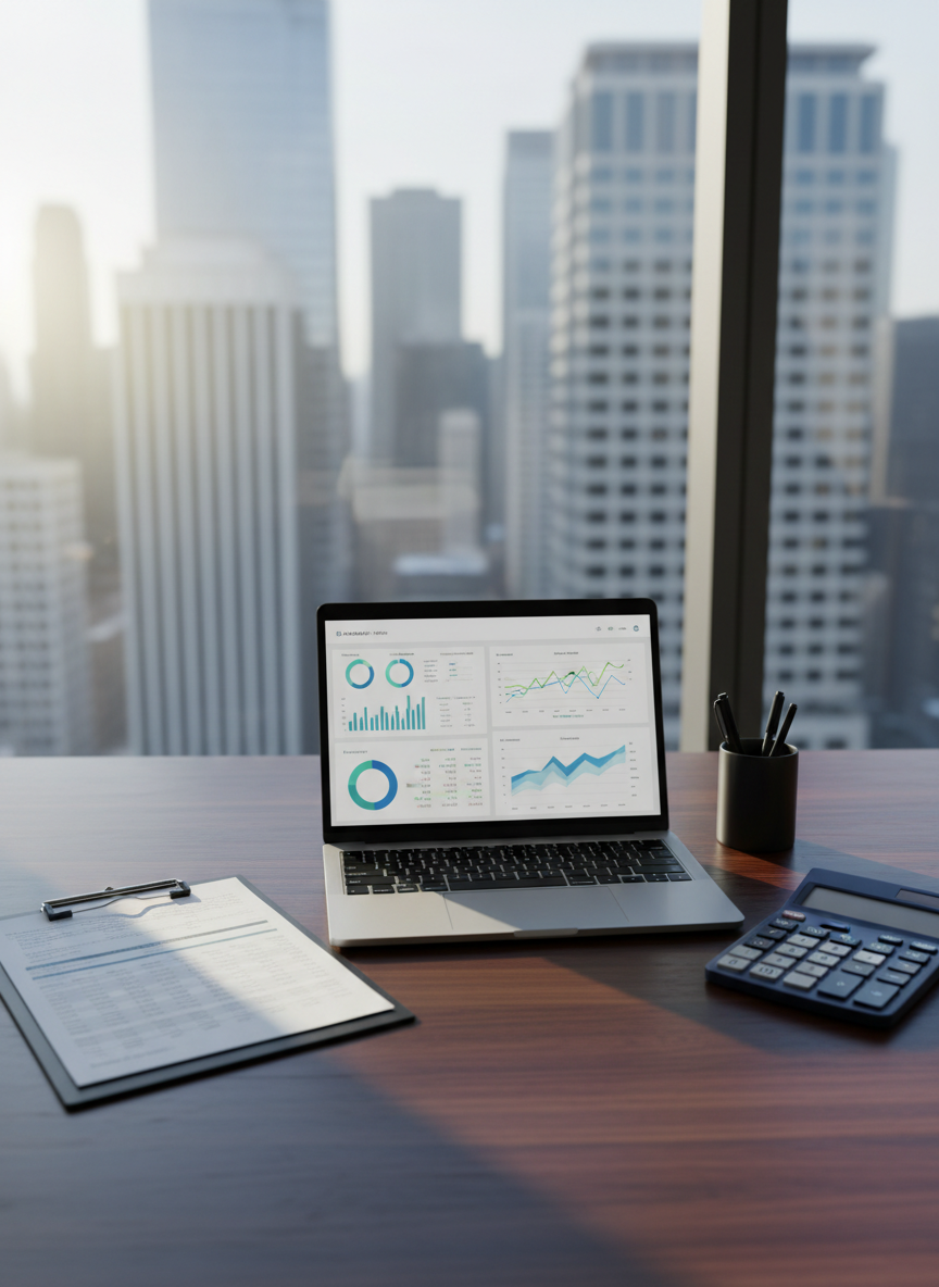 A sleek, organized accountant’s workspace without any people, featuring a dark wood desk with a brushed metal laptop open to clean financial dashboards, printed balance sheets neatly clipped on a matte black clipboard, and a bold navy-blue calculator with crisp white buttons. The desk sits in front of a large city-view window in a high-rise office, with glass buildings softly blurred outside. Strong, directional morning light enters from the side, creating sharp, confident shadows and bright highlights on the polished surfaces. Photographic realism with a bold, modern aesthetic, shot at eye level with a shallow depth of field, emphasizing clarity, precision, and professional control over business finances.